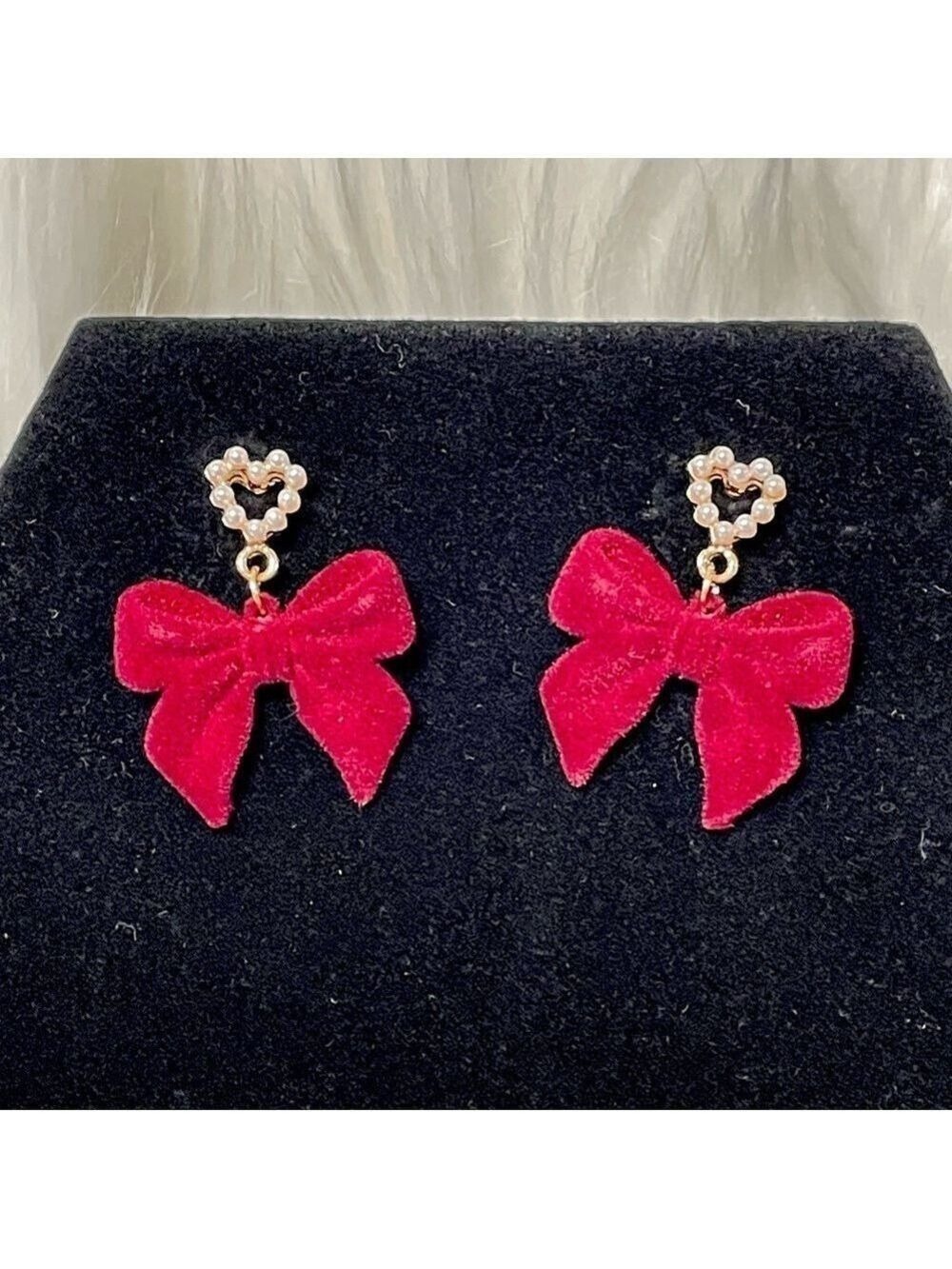 Red Bow Earrings with Pearl Accents